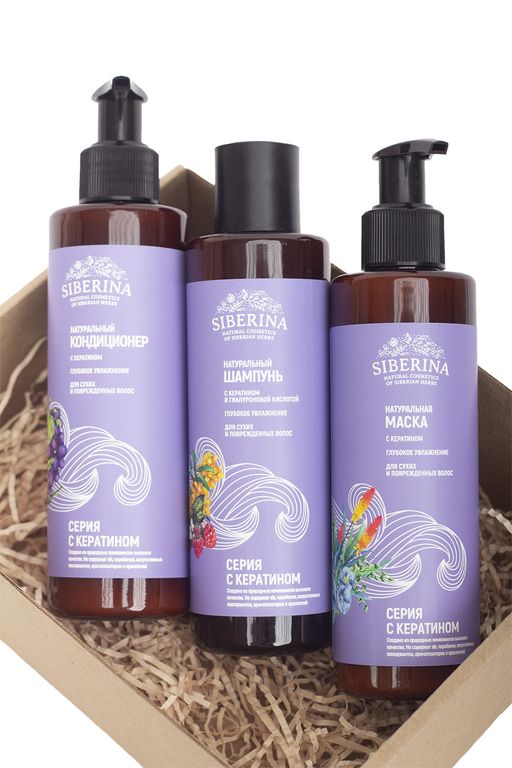 Шампунь с кератином и гиалуроновой кислотой Глубокое увлажнение для сухих и поврежденных волос SIBERINA