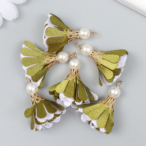 Декор текстиль Цветок 2 с жемчужиной. Оливковый и белый, набор 6 шт., 3 см