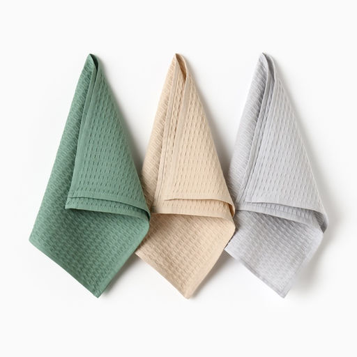 Набор кухонное полотенец Доляна: серый, зелёный, бежевый, 3560 см-3 шт., 100% хл, крупная вафля, 220 г/м