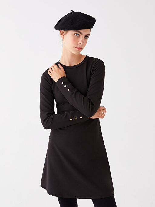 Bisiklet Yaka D?z Uzun Kollu Elbise