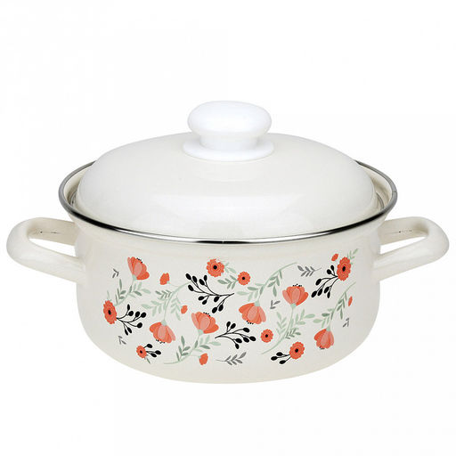 "Blossom" Набор эмалированных кастрюль 2 предмета: 2л, 3л, s0,8мм, форма цилиндрическая, двойной слой эмалевого покрытия, металлическая крышка с пластмассовой ручкой-кнопкой, металлические ручки, нержавеющий ободок (Россия)