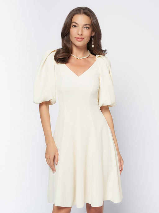 Платье ванильного цвета длины мини с объемными рукавами - 1001dress фото 3