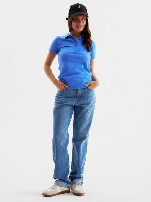 Футболка поло женская MINAKU: Basic line, васильковая, размер 52