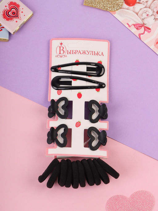Цена за 12 шт. Набор для волос «Эстер»: 10 резинок, 2 см, 4 краба 2 см, 2 невидимки 6 см, сердце, чёрный