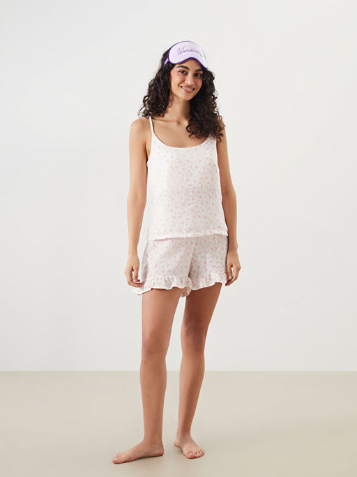 U Yaka ?i?ekli Ask?l? Kad?n ?ortlu Pijama Tak?m?