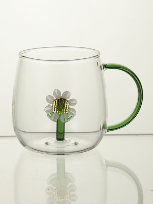 Кружка стеклянная "Ромашка" 400 мл, зеленая ручка, 9х12,5х9 см
