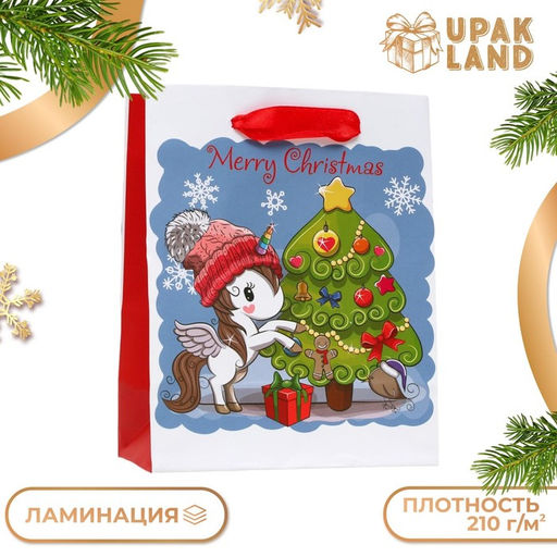 Цена за 12 шт. Пакет подарочный новогодний ламинированный Новогодний единорог 11.5?14.5?6 см