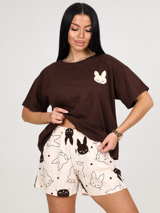 676 ПИЖАМА ЖЕНСКАЯ (шорты) (Бежевый (зайцы)) - А-дина фото 2