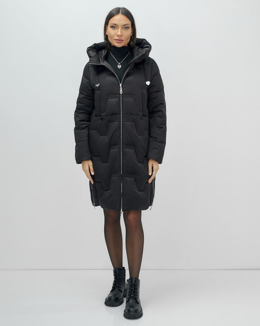 Пальто зимнее утепленное с капюшоном женское черного цвета 7638Ch - Visdeer фото 15
