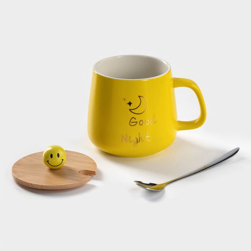 Кружка керамическая «Смайл», 350 мл, с деревянной крышкой и ложкой, цвет и рисунок МИКС