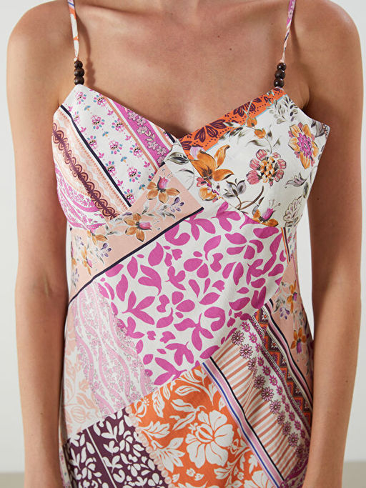 V Yaka Desenli Ask?l? Modal Kar???ml? Elbise