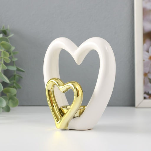 Подсвечник на 1 свечу Сердце в сердце, белое с золотом, 12.7?5.5?12.2 см