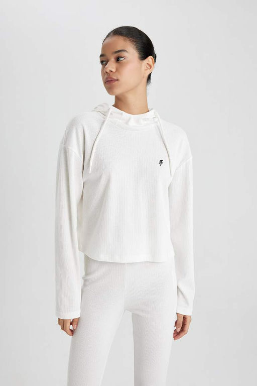 DeFactoFit Футболка стандартного кроя с капюшоном и вышивкой в рубчик с длинными рукавами  фото 3