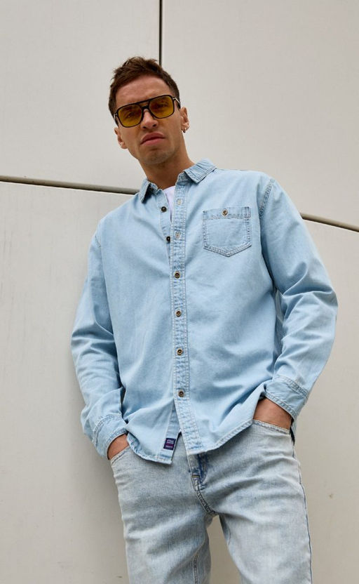 Рубашка мужская джинсовая с длинным рукавом F311-1241 голубая