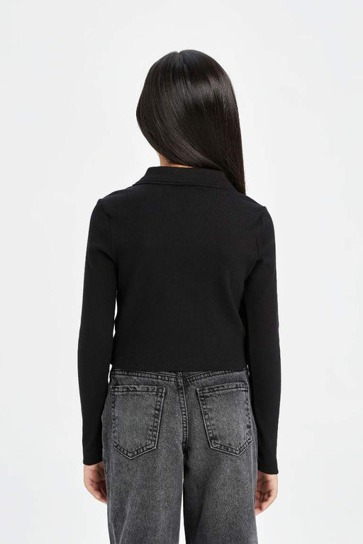 Укороченная футболка с воротником-поло для девочек, базовая футболка в рубчик с длинными рукавами - Defacto фото 4