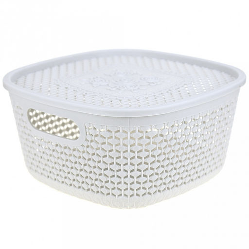 "Домашняя мода" Корзина-ящик пластмассовая "Оренбургская сеточка" 22,5х22,5см h11,5см, крышка с декором, с ручками, светло-серый (Китай)