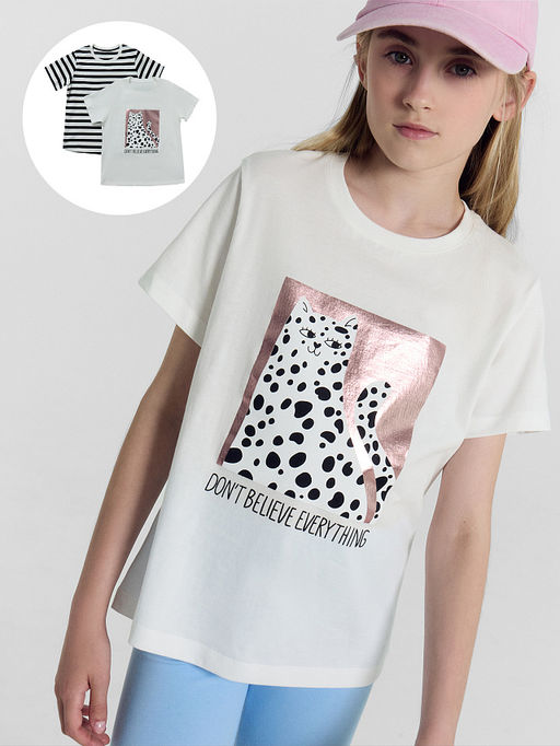 Футболка для девочек мультипак (2 шт.) белая и в черно-белую полоску