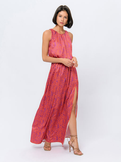 Платье оранжевого цвета длины макси с принтом и разрезом на юбке - 1001dress фото 7