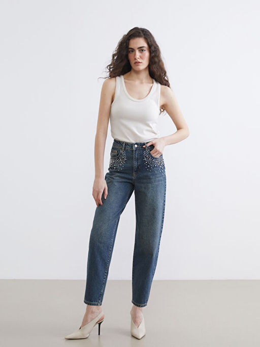 Ta?l? Barrel Fit Kad?n Jean Pantolon