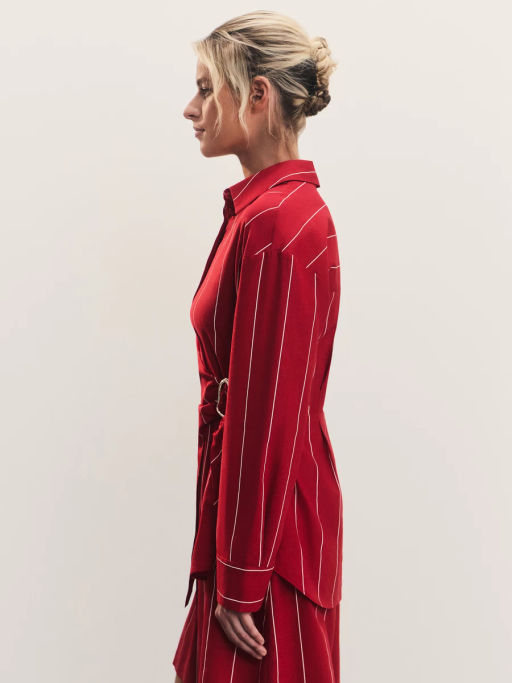 Льняная рубашка в полоску с декоративной пряжкой / Zarina  фото 5