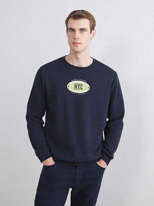 Bisiklet Yaka Bask?l? Erkek Sweatshirt