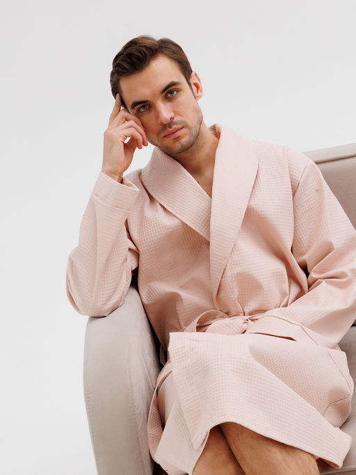 Мужской вафельный халат с шалькой бежевый В-04 (31)