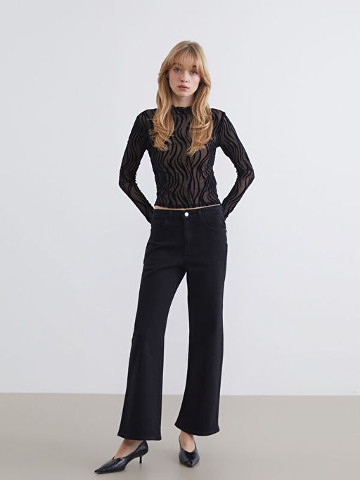 Dik Yaka Desenli Transparan Bluz