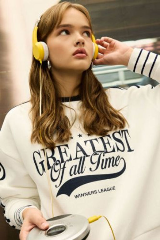 Coool Oversize Genis Kal?p Bisiklet Yaka Bask?l? Kal?n Sweatshirt