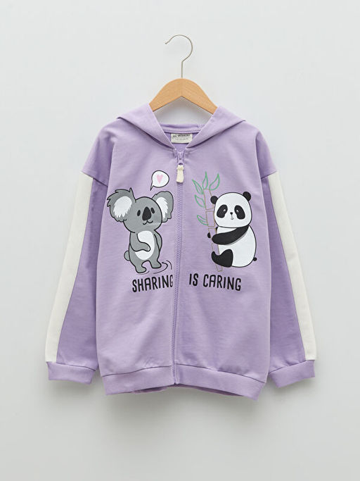 Kap??onlu Bask?l? Uzun Kollu K?z ?ocuk Fermuarl? Sweatshirt