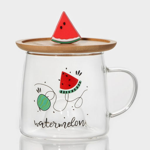 Кружка «Арбузик», 300 мл, с деревянной крышкой, стекло, прозрачная