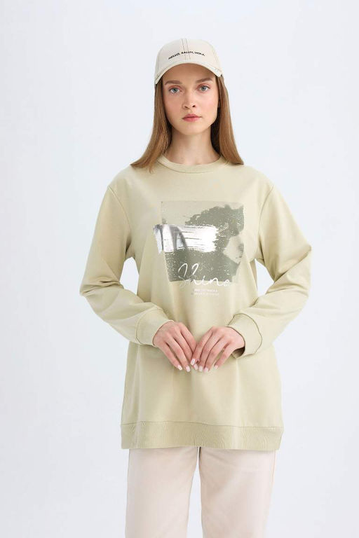 Женская толстовка с круглым вырезом стандартного кроя, яркий свитшот с принтом, тканевая толстовка, туника - Defacto фото 3