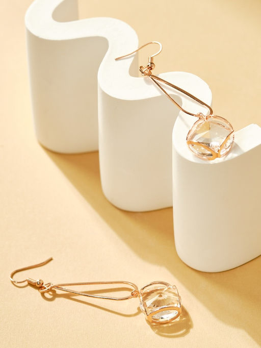 Серьги висячие со стразами Капля с ромбом, цвет белый в розовом золоте, 7.2 см