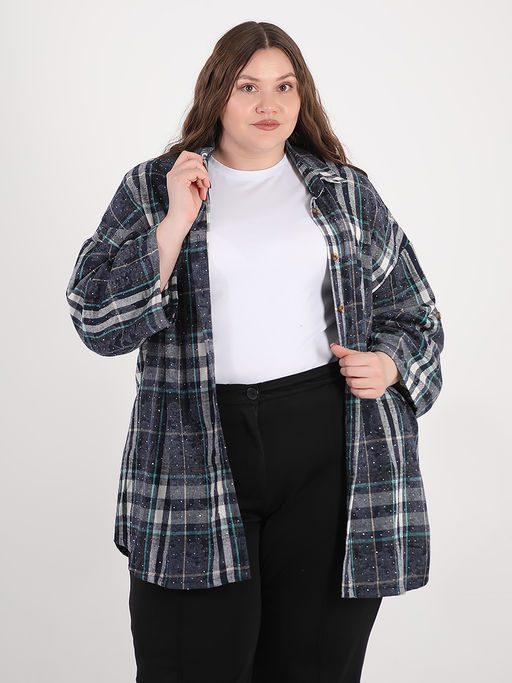 Рубашка женская больших размеров клетка стразы - Almond фото 4