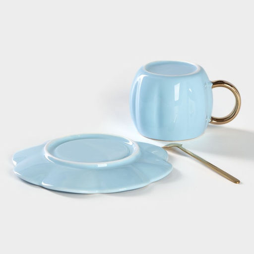 Чайная пара «Цветок», 3 предмета: чашка 240 мл, блюдце d=16 см, ложка, керамика, голубая