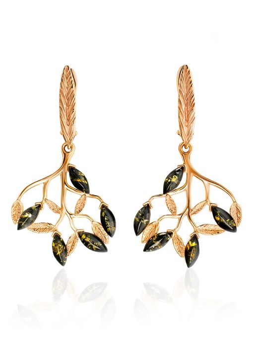 Ажурные серьги Тропиканка из позолоченного серебра и янтаря