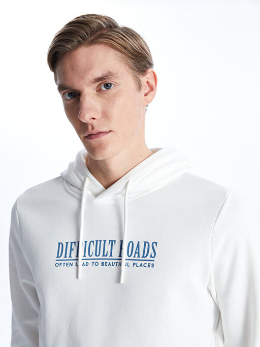 Uzun Kollu Bask?l? Erkek Kal?n Hoodie