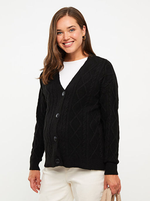 V Yaka Kendinden Desenli Uzun Kollu Hamile Triko H?rka