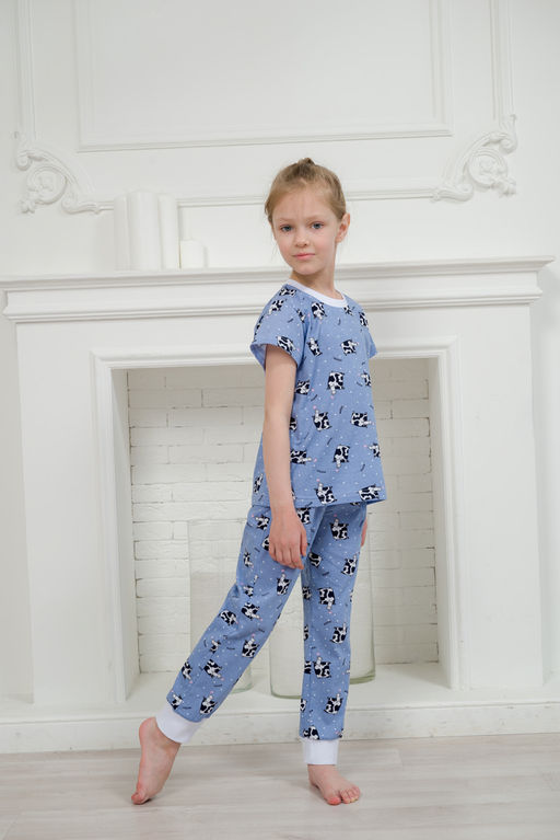 Пижама детская из футболки и брюк из кулирки Коровы голубой - Амадэль фото 3