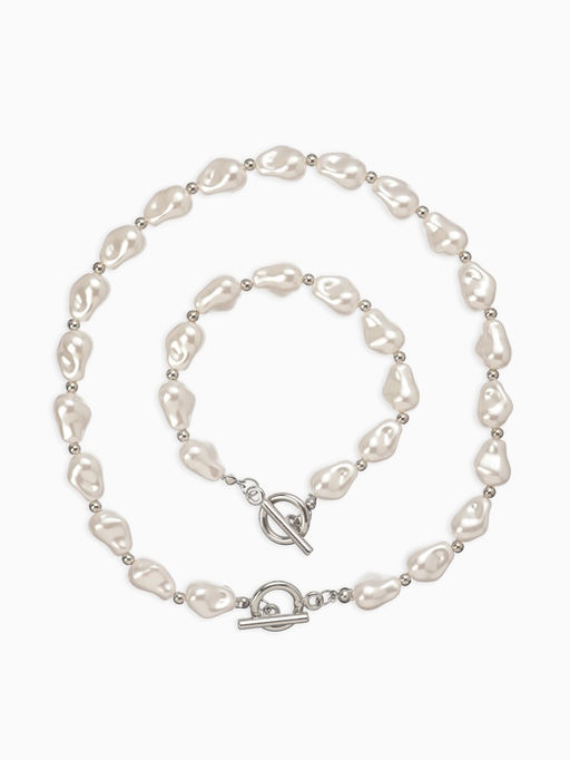Набор 2 предмета: бусы, браслет «Жемчуг барочный. Капля», 40/18 см, белый в серебре