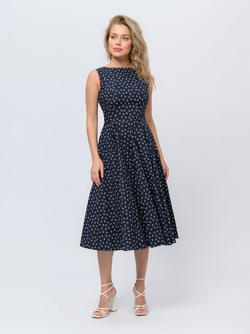 Платье темно-синего цвета длины миди с принтом в стиле ретро - 1001dress фото 3