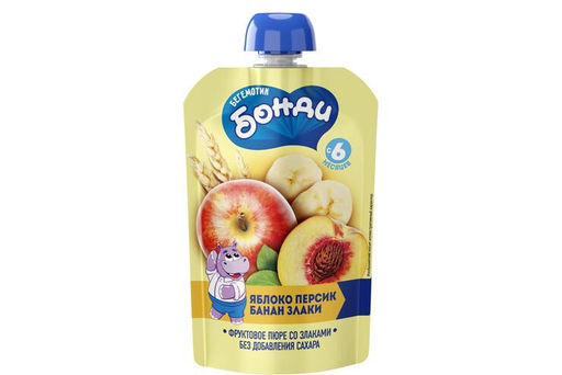 Бегемотик Бонди, пюре фруктовое Яблоко, персик, банан, злаки, 90 г