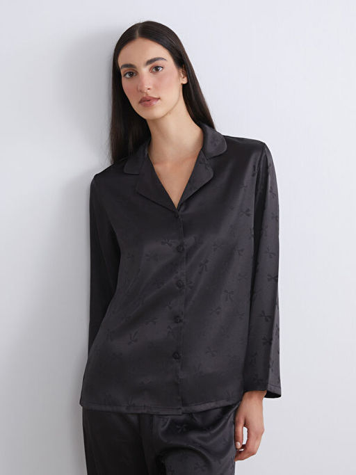 G?mlek Yaka Fiyonklu Saten Kad?n Pijama Tak?m?