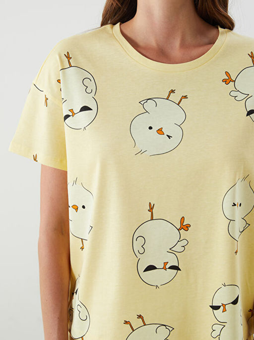 Bisiklet Yaka Bask?l? Kad?n ?ortlu Pijama Tak?m?