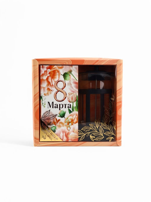 Подарочный набор 8 марта, чай чёрный со вкусом тропических фруктов 100 г, френч-пресс 350 мл