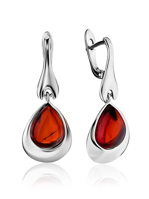 Женственные серьги со вставками из натурального янтаря вишнёвого цвета Джульетта
