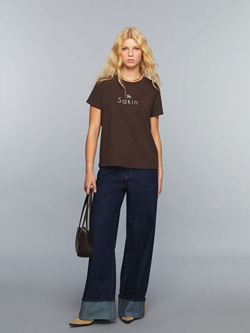 Bisiklet Yaka Slogan Bask?l? Kad?n Ti??rt