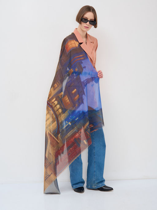 ШЕЛК ХЛОПОК ВИСКОЗА Большой, красивый двусторонний платок с рисунком в стиле арт-декои необычной текстурой ткани