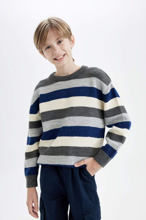 Трикотажный свитер стандартного кроя с круглым вырезом для мальчика с цветными блоками - Defacto фото 3