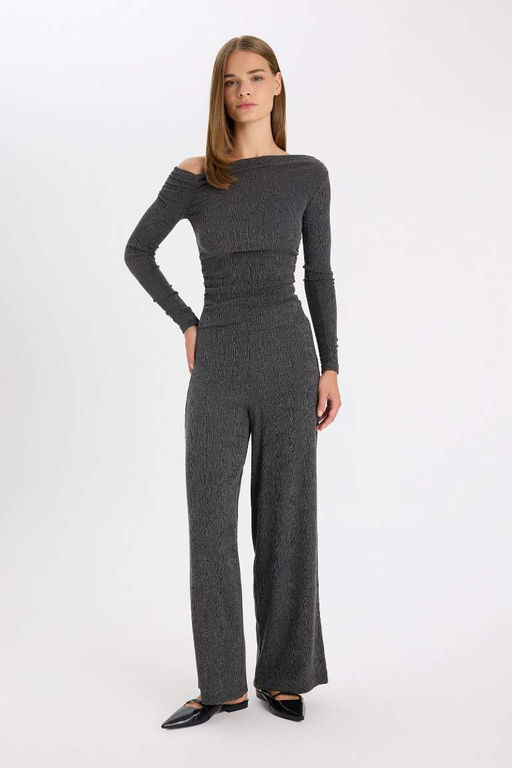 Женская приталенная футболка узкого кроя с длинным рукавом и запахом на одно плечо - Defacto фото 2