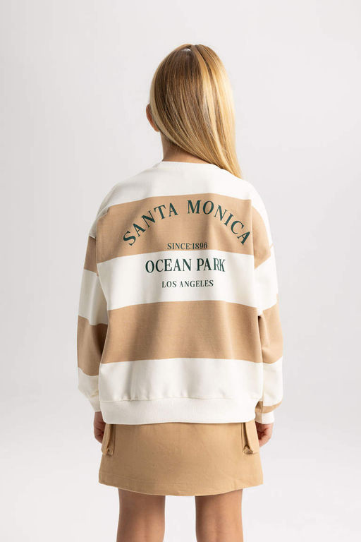 Полосатый свитшот оверсайз с круглым вырезом для девочек - Defacto фото 6